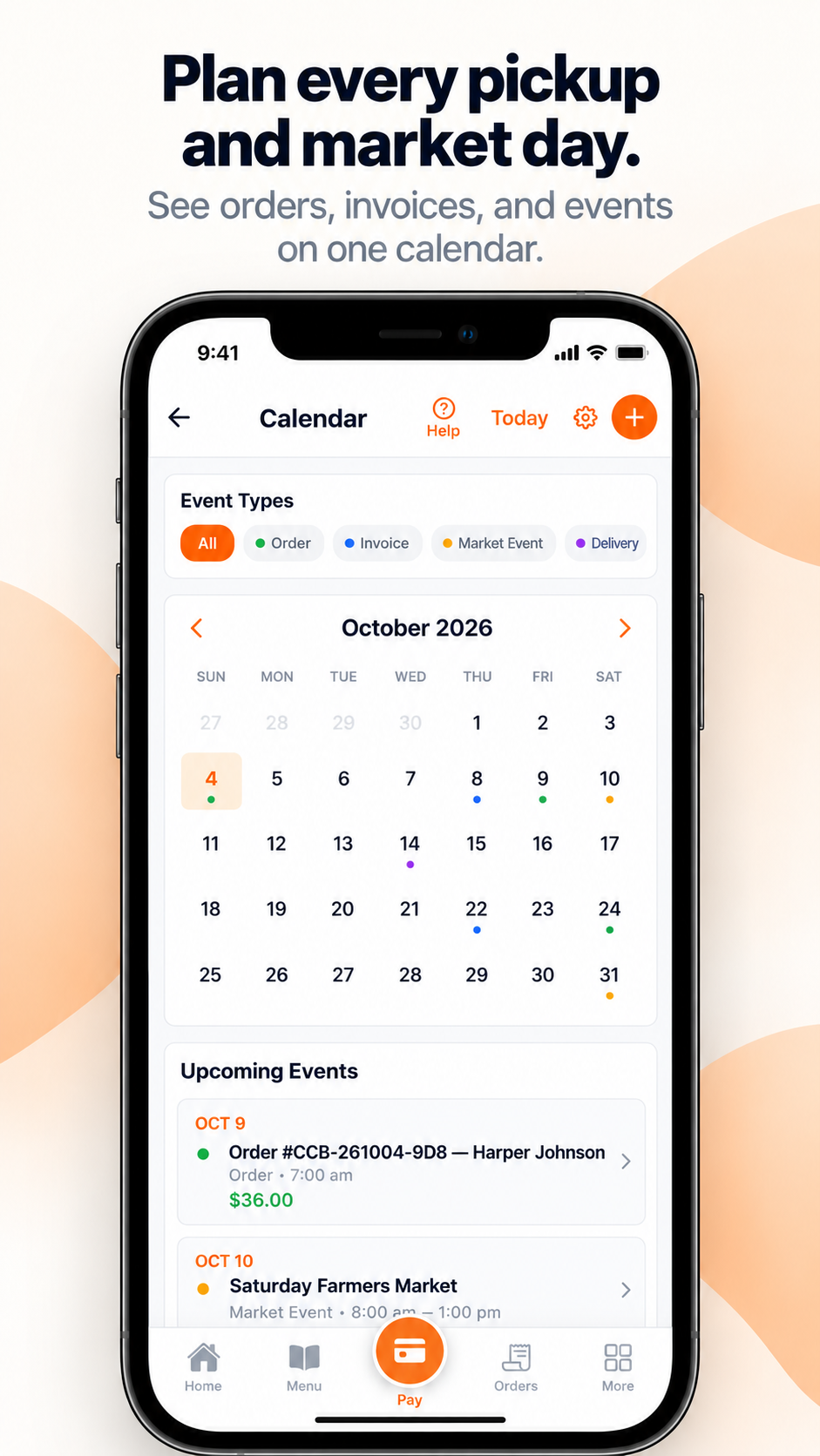 Crumb Coach calendar showing upcoming orders, invoices, market events, and deliveries