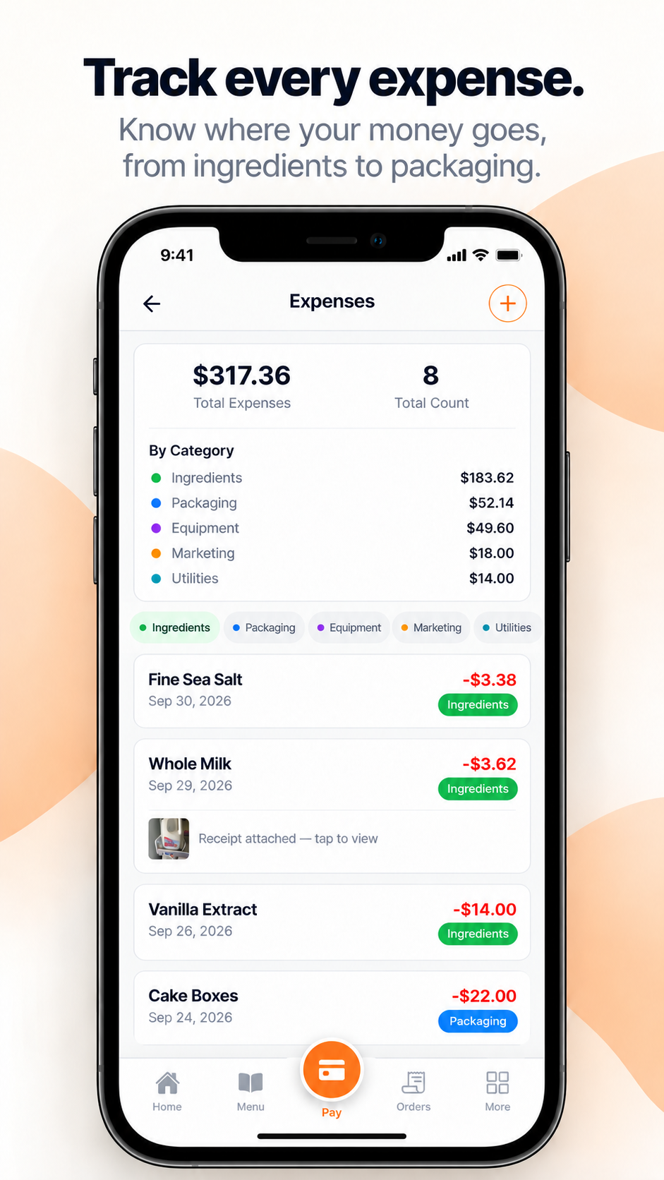 Crumb Coach expenses screen showing ingredient, packaging, equipment, marketing, and utility costs