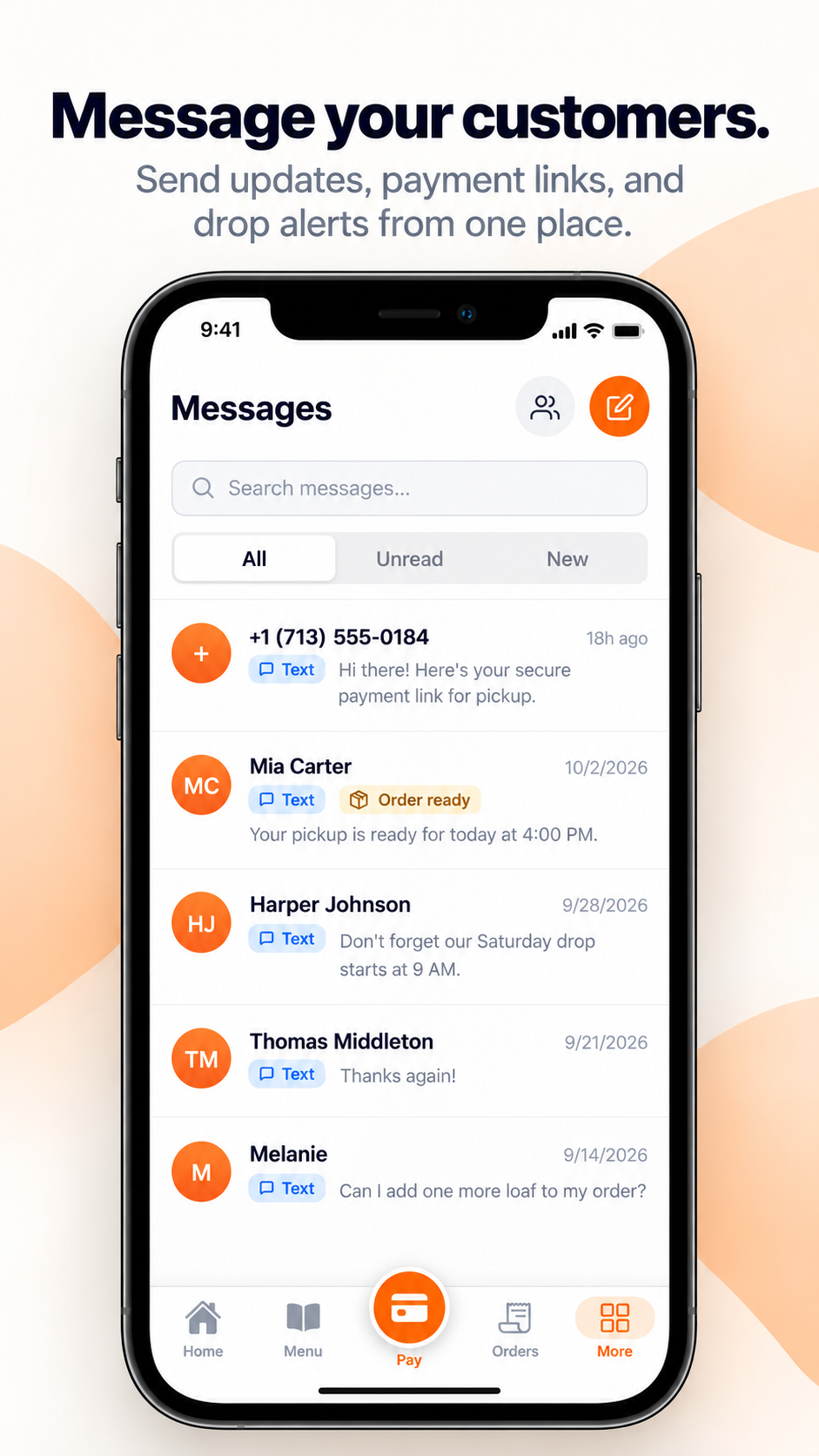 Crumb Coach customer messages screen with payment links, pickup updates, and drop alerts