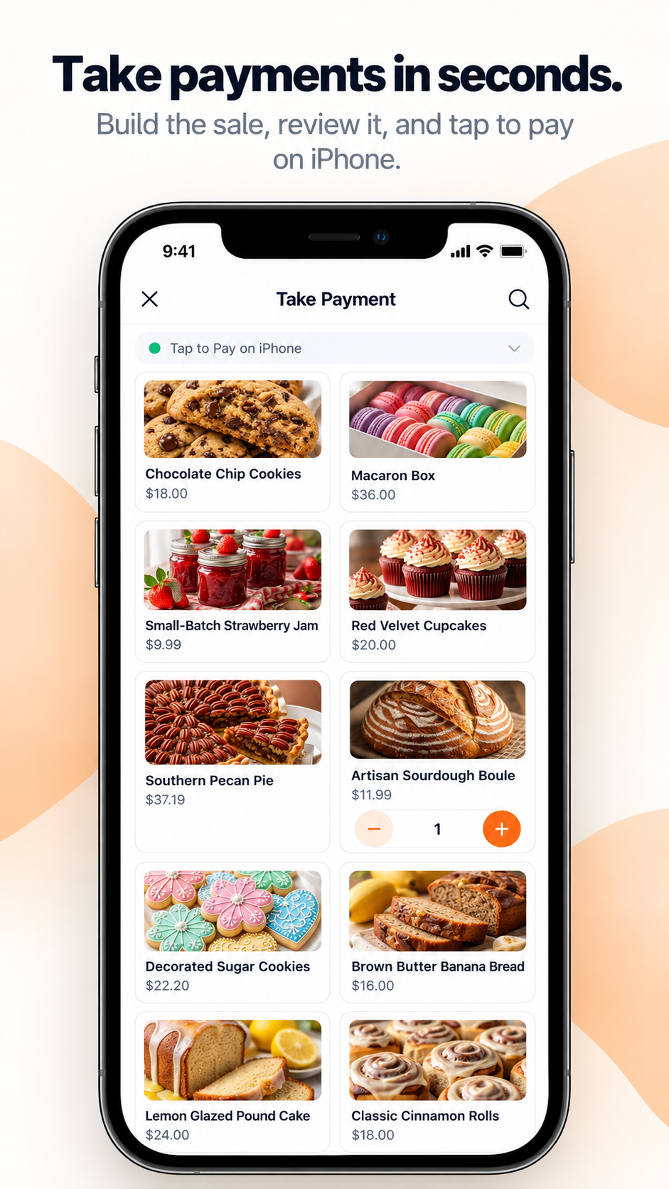 Crumb Coach Take Payment product grid for building an in-person sale