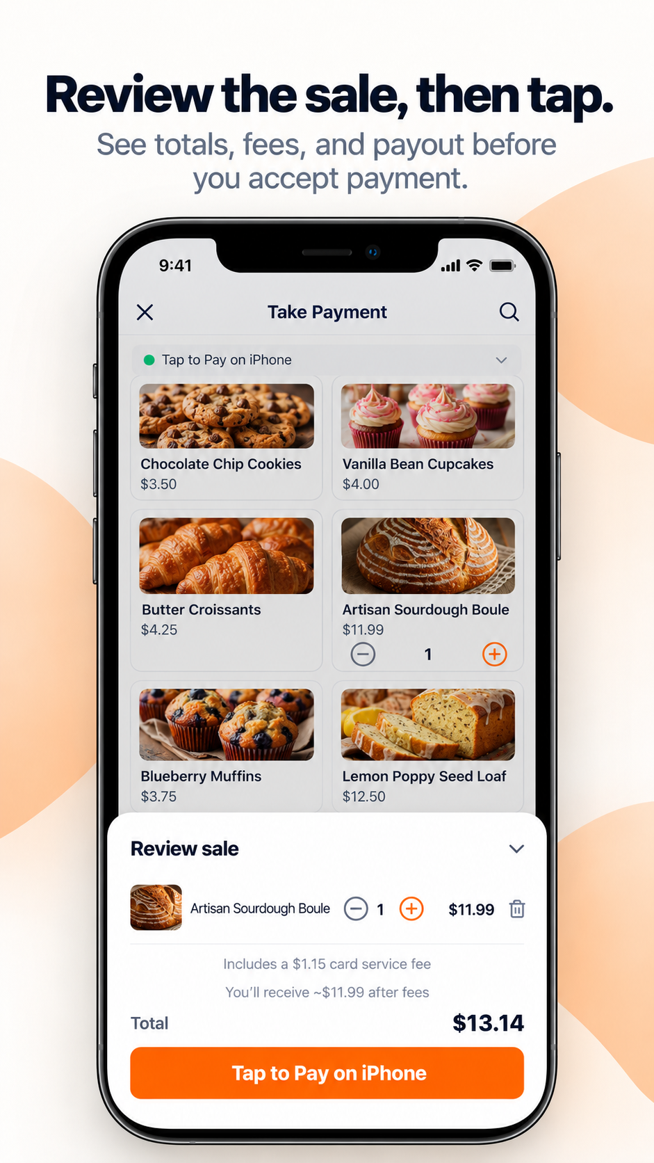 Crumb Coach Take Payment screen reviewing an in-person sale before Tap to Pay