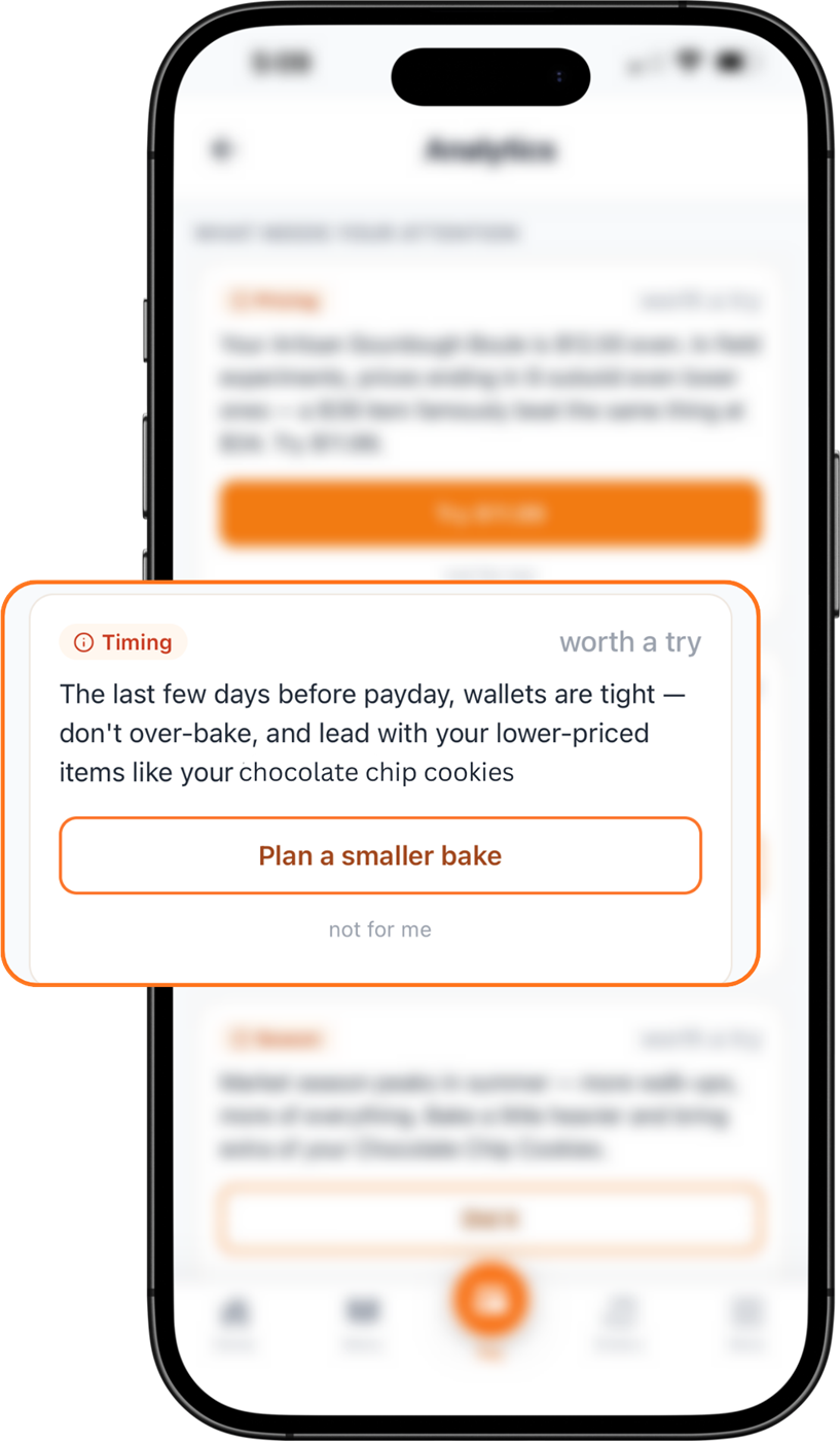 A Crumb Coach business coach tip card reading: the last few days before payday, wallets are tight. Don't over-bake, and lead with your lower-priced items like your chocolate chip cookies, with a Plan a smaller bake button