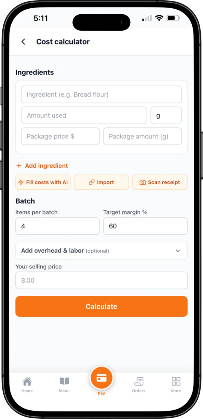 The Crumb Coach cost calculator screen with ingredient, amount, and package price fields, buttons to fill costs with AI, import, or scan a receipt, batch size and target margin inputs, and a Calculate button