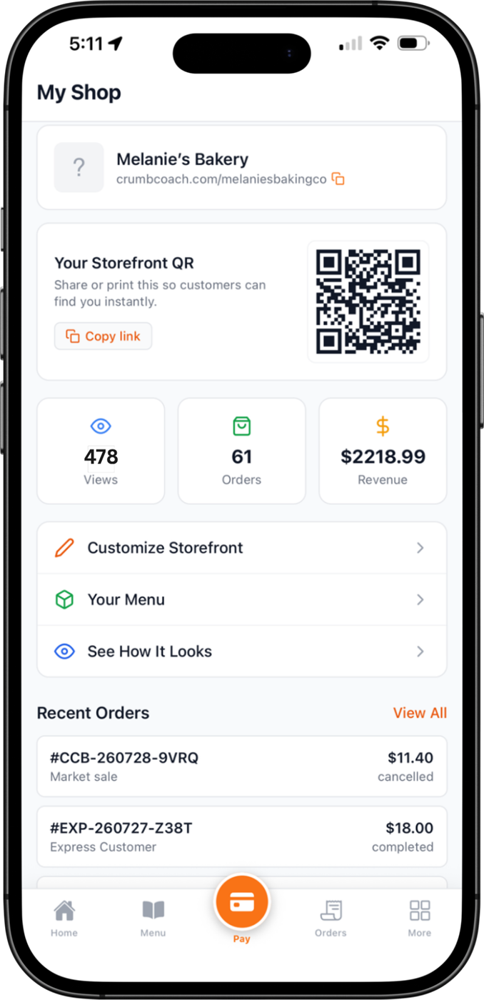Crumb Coach storefront view showing a storefront link, QR code, views, orders and revenue