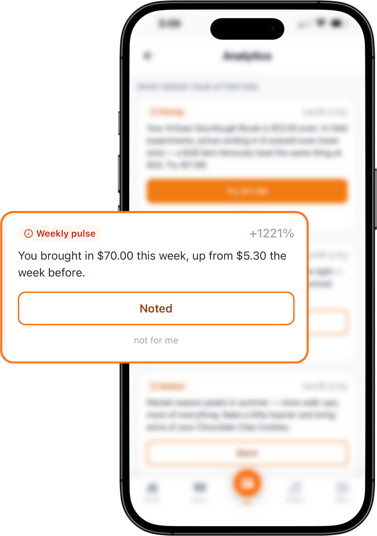 A Crumb Coach weekly pulse insight card reading: you brought in $70.00 this week, up from $5.30 the week before, with a Noted button and a not for me link